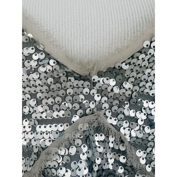 Mango Silver Sequin & Mesh Trim V-Neck Spaghetti Strap Mini Party Cocktail Dress - Picture 5 of 16